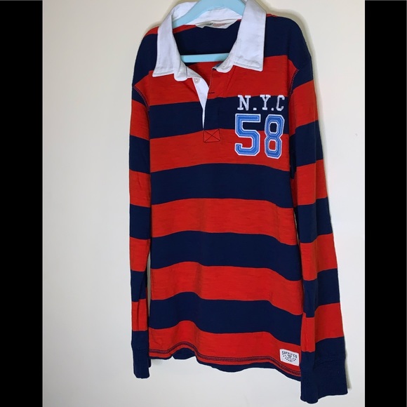 H&M RUGBY POLO JERSEY LONG-SLEEVE EMBROIDERY PATCH STRIPED SLUB SHIRT TOP 8-10 - Picture 8 of 8